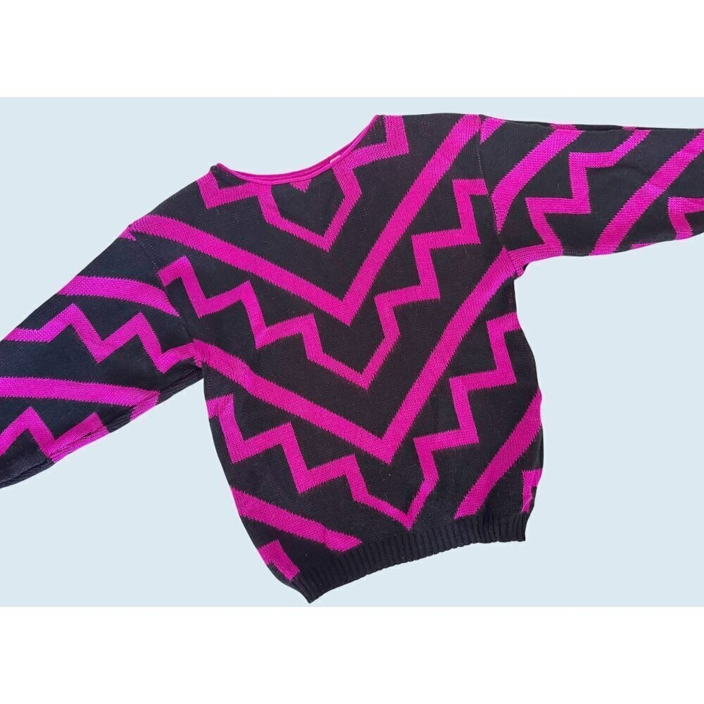 Vintage BRISTOL COURT Hot Pink & Black Geometric Sweater 1980s Sz S